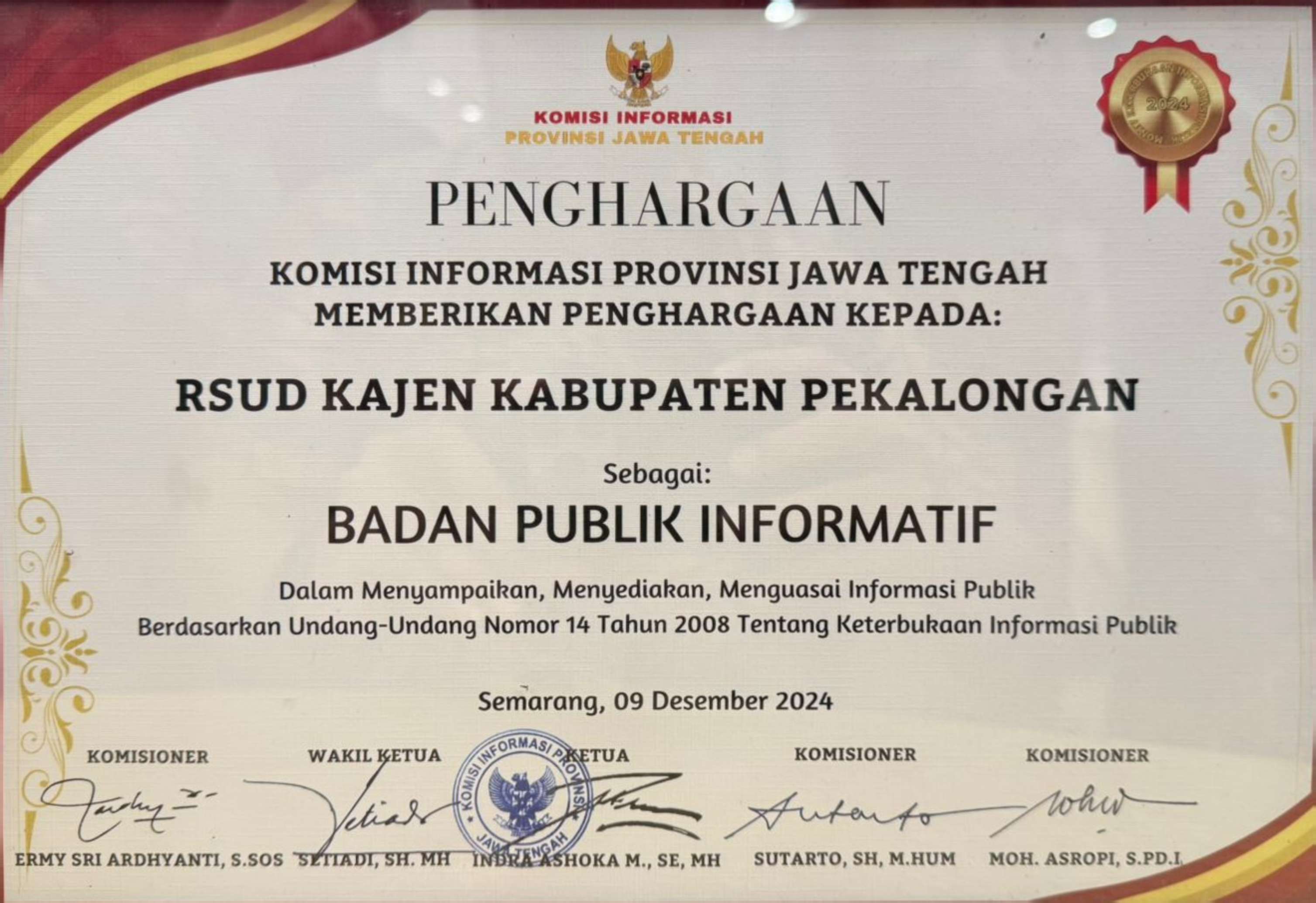 Penghargaan RSUD Kajen Sebagai Badan Publik Informatif